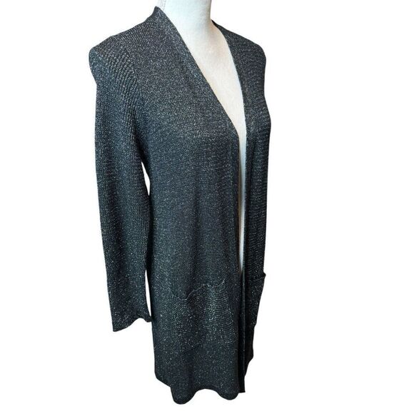 Eileen Fisher Black Merino Wool Open Front Metallic Sparkle Cardigan Sz Medium - Picture 2 of 8